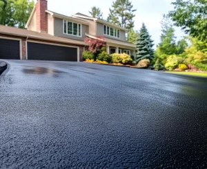 Freshly paved asphalt driveway in front of a residential home